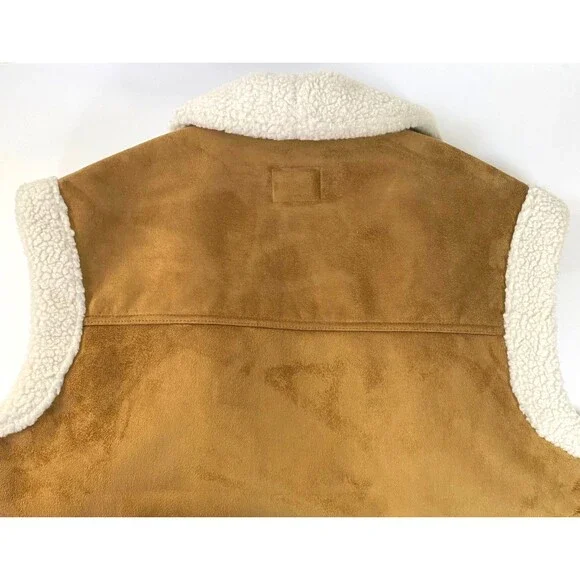 Old Navy Sherpa Lined Faux Suede Vest Womens Size L Cream Camel Brown Jacket - Picture 5 of 16